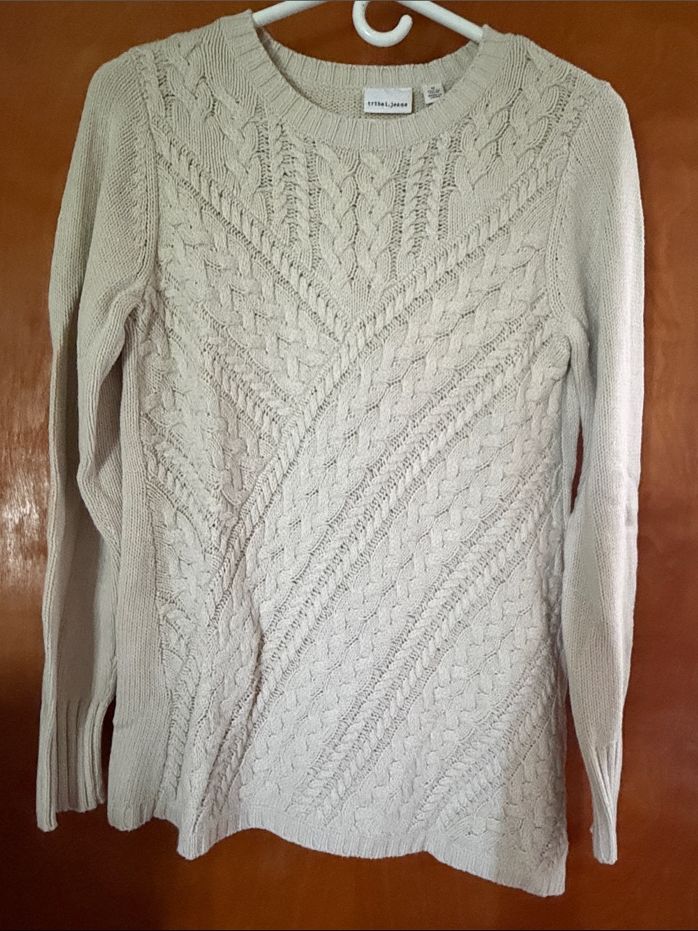Cream Cable-Knit Crewneck Sweater